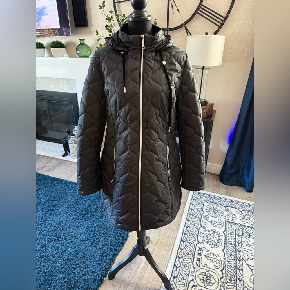 Chico's Black Quilted Puffer Jacket with Attached Hood - Size 12